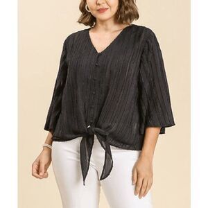 UMGEE U.S.A Black Jacquard Stripe Knot-Hem V-Neck Button-Up Top L